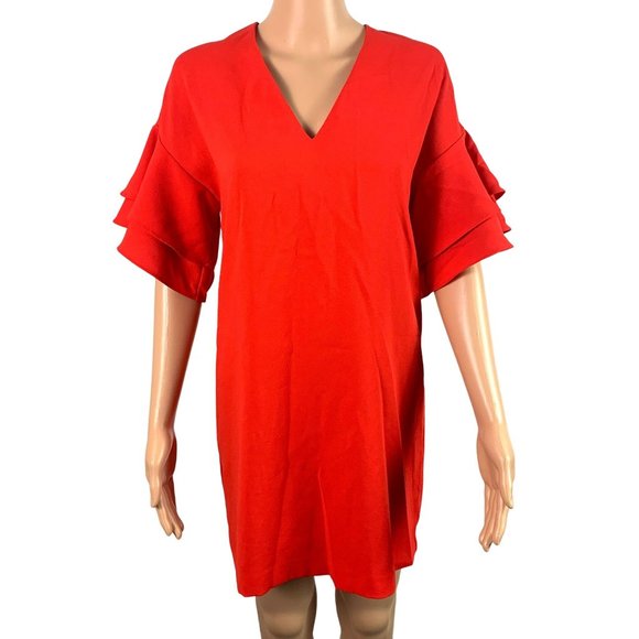 ZARA WOMAN Size Extra Small Red Ruffle Short Sleeve Dress - Picture 2 of 7